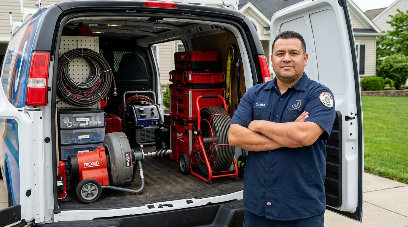 Professional drain cleaning equipment and Johns Plumbing LLC plumber in Roslyn