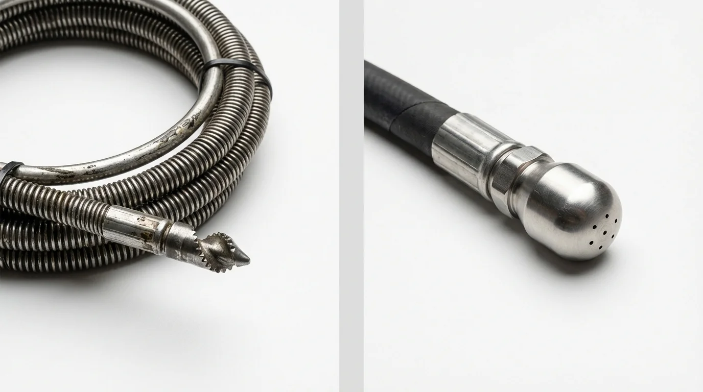 Drain snake cable and hydro jetting nozzle used for drain cleaning in Roslyn, NY