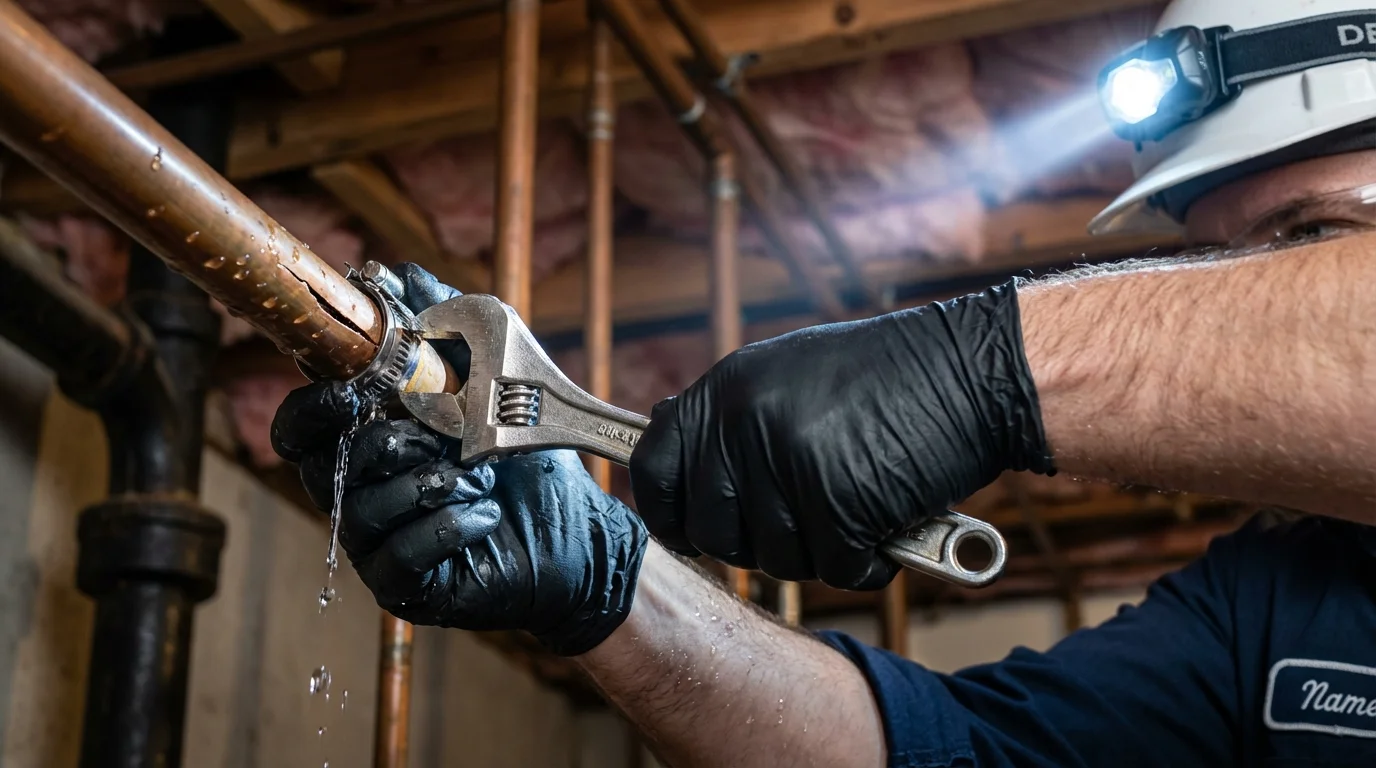 Emergency pipe clamp repair being performed by a Johns Plumbing LLC plumber in Roslyn