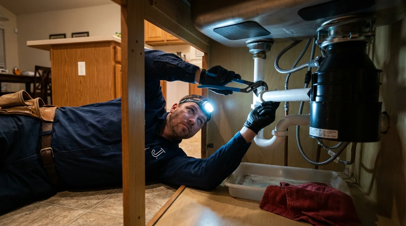 P-trap and supply line connections under a kitchen sink showing a common leak point in Roslyn, NY